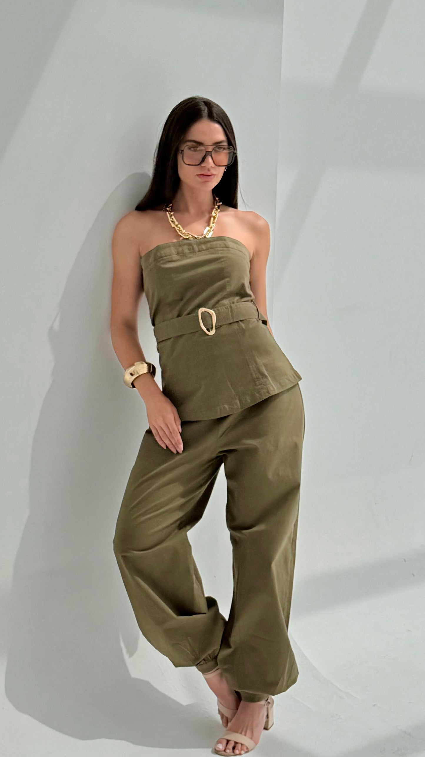 Olive Gabardine balloon pants