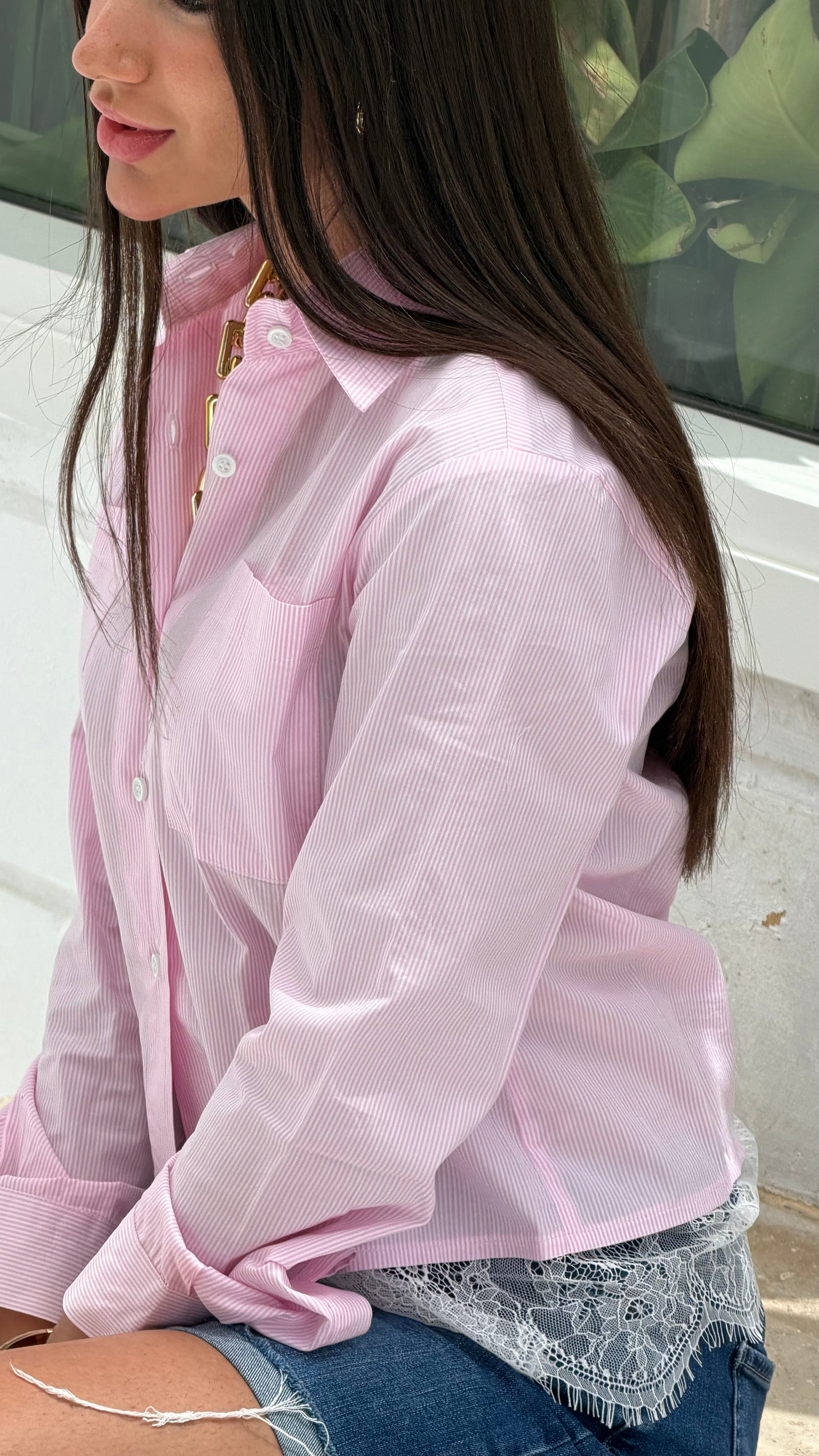 Pink striped shirt with lace