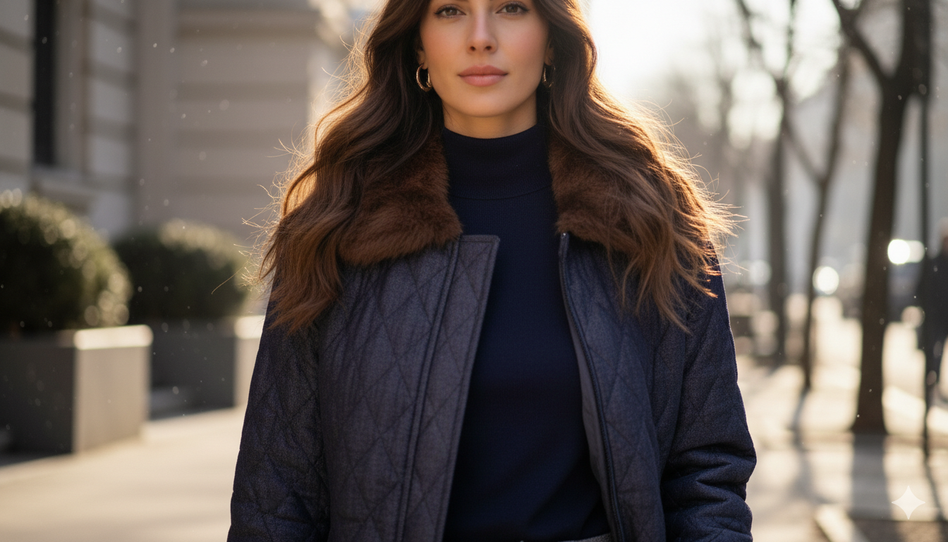 Denim puff jacket with fur collar