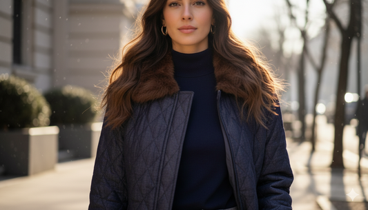 Denim puff jacket with fur collar