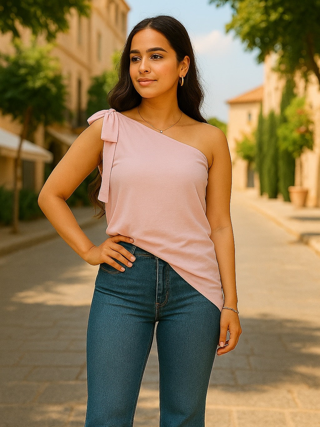 One shoulder bow top