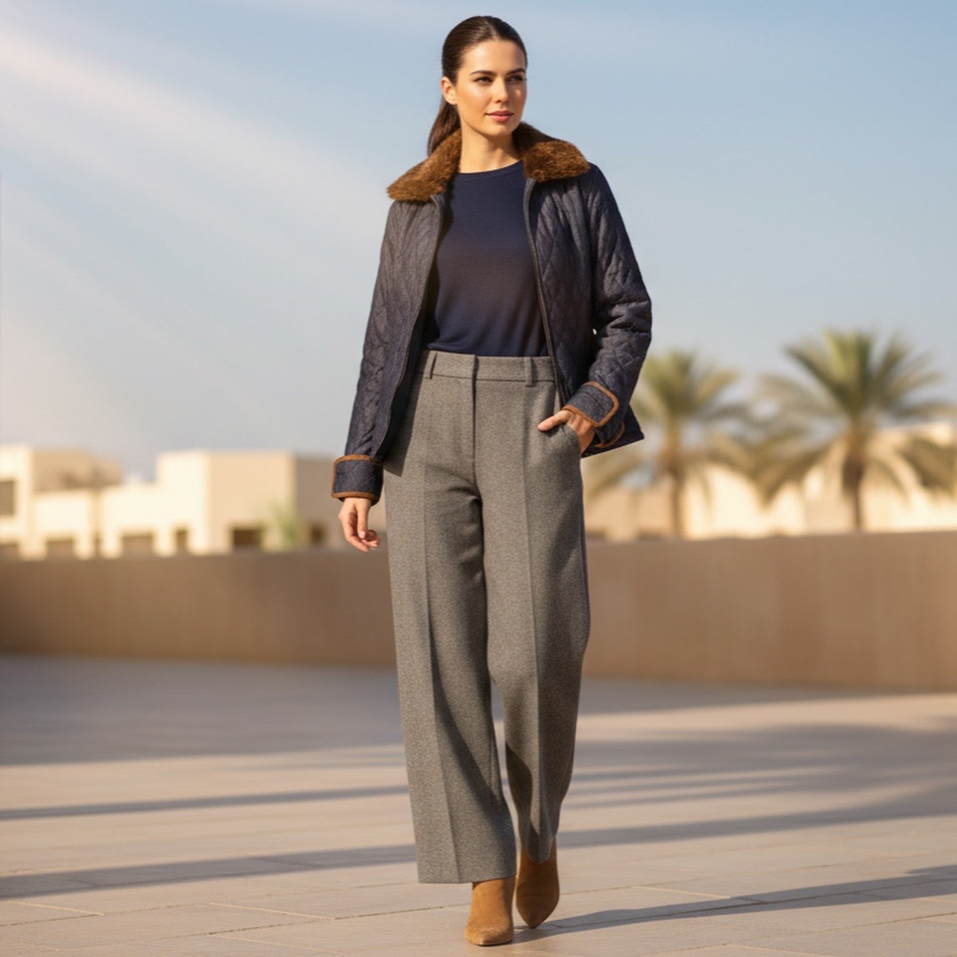 Denim puff jacket with fur collar