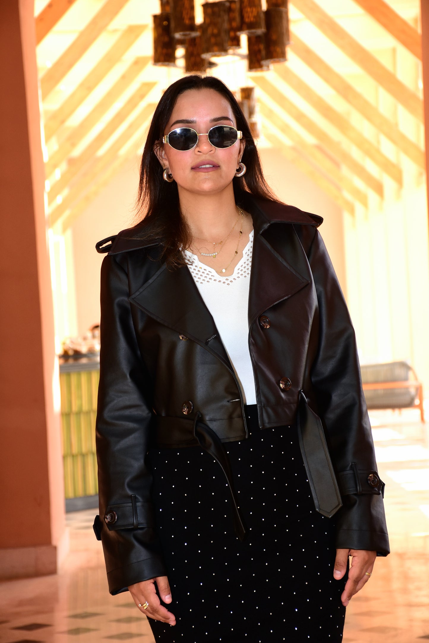 Leather cropped trench coat