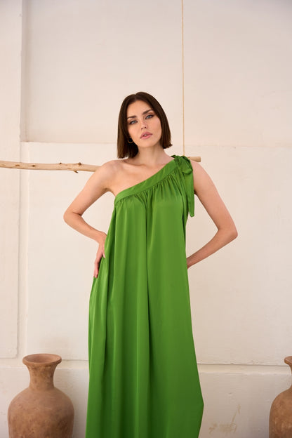 Green satin dress